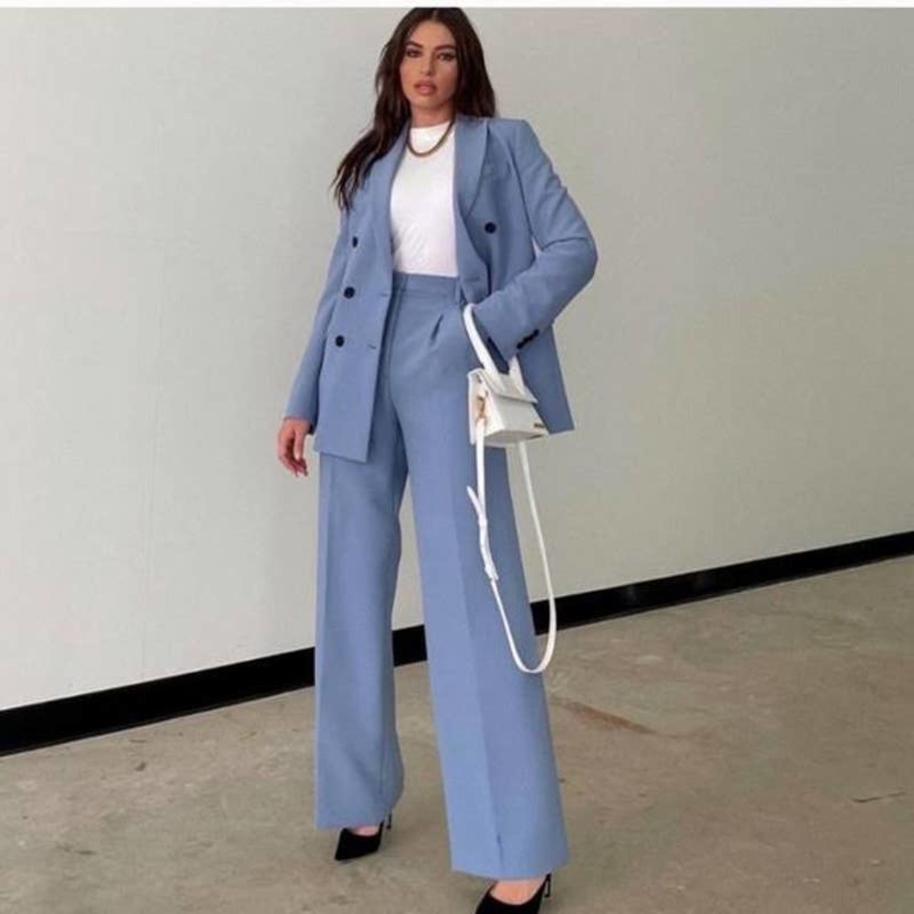 ZARA *BLOGGER FAVORITE* High Waist Wide Leg Pleat Trouser Pants Sky Blue Size XL